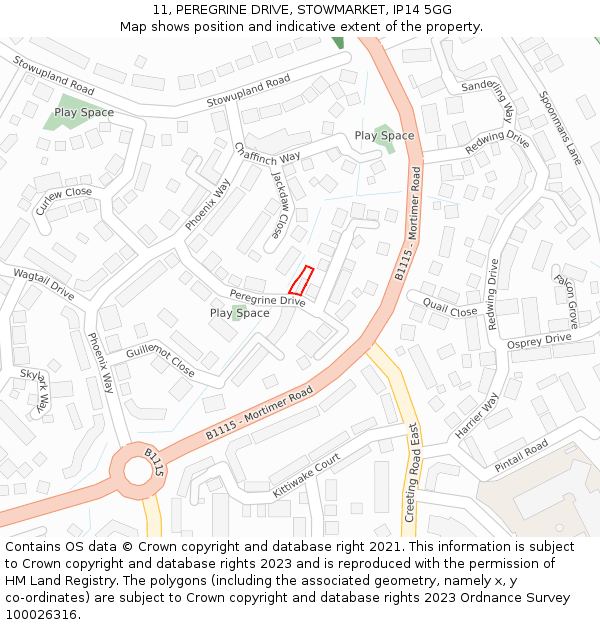 11, PEREGRINE DRIVE, STOWMARKET, IP14 5GG: Location map and indicative extent of plot