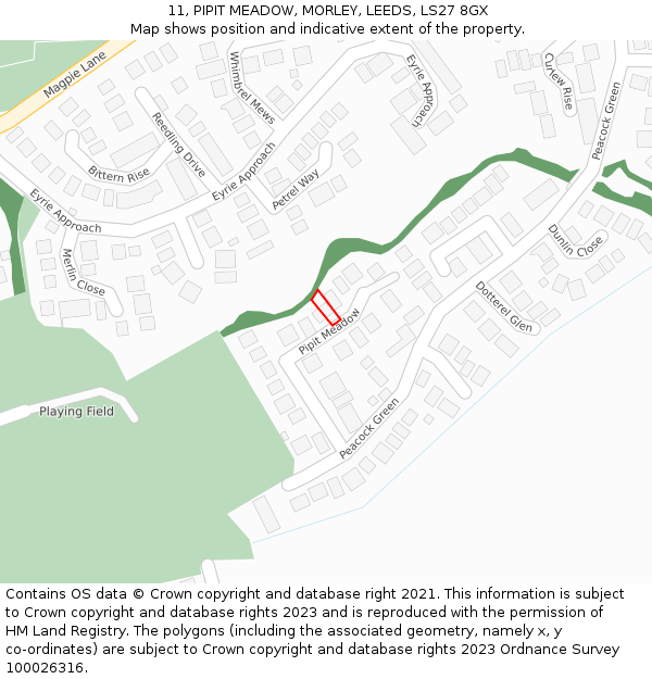 11, PIPIT MEADOW, MORLEY, LEEDS, LS27 8GX: Location map and indicative extent of plot