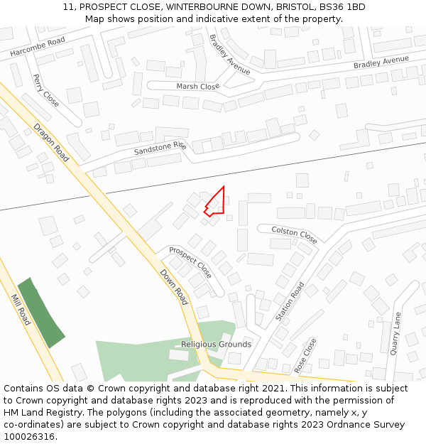 11, PROSPECT CLOSE, WINTERBOURNE DOWN, BRISTOL, BS36 1BD: Location map and indicative extent of plot