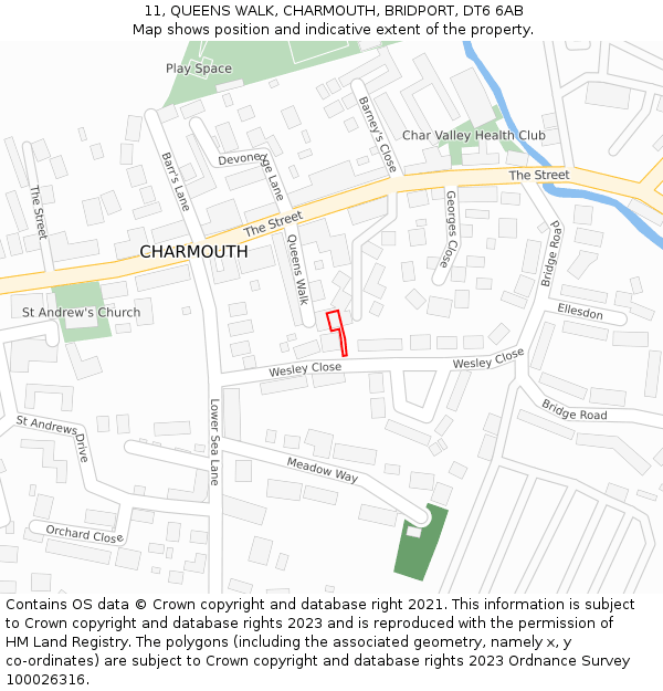 11, QUEENS WALK, CHARMOUTH, BRIDPORT, DT6 6AB: Location map and indicative extent of plot