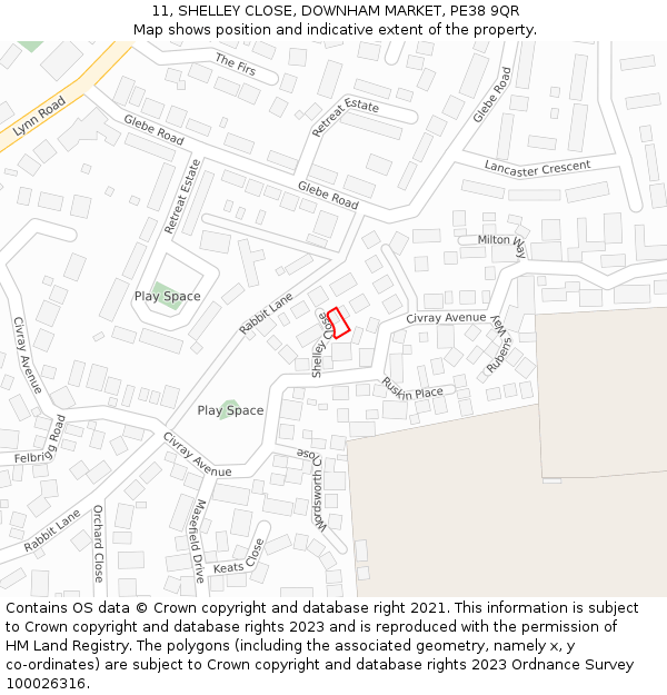 11, SHELLEY CLOSE, DOWNHAM MARKET, PE38 9QR: Location map and indicative extent of plot