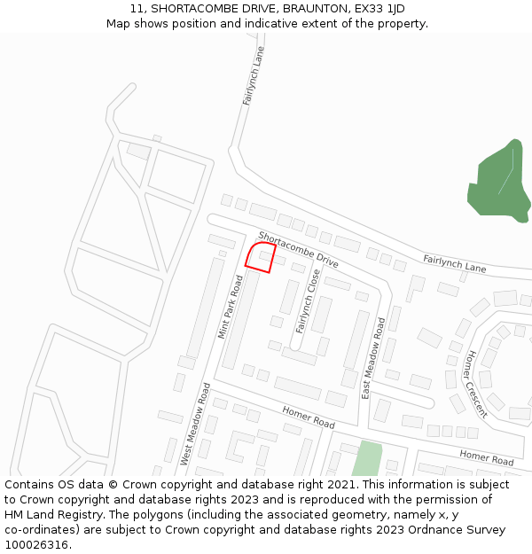 11, SHORTACOMBE DRIVE, BRAUNTON, EX33 1JD: Location map and indicative extent of plot