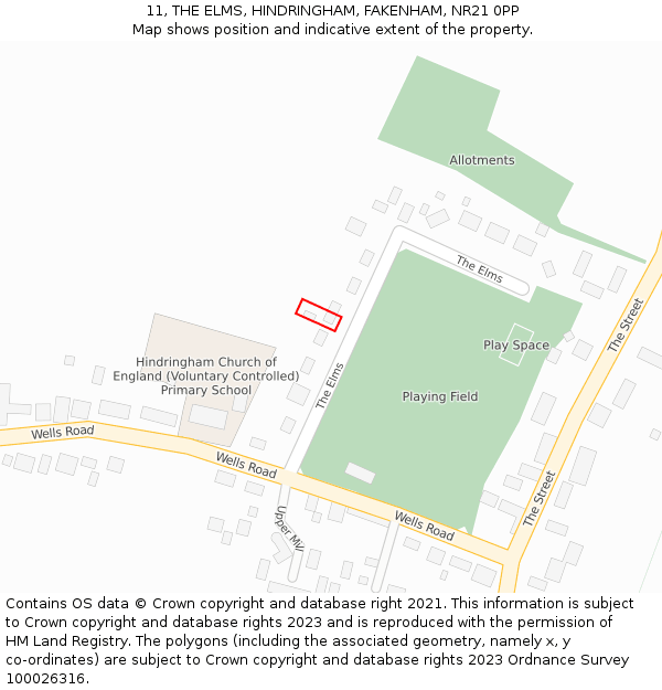 11, THE ELMS, HINDRINGHAM, FAKENHAM, NR21 0PP: Location map and indicative extent of plot