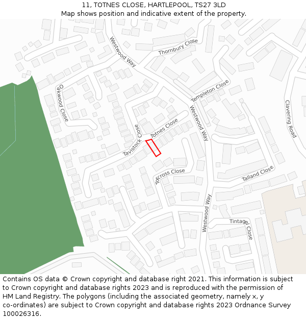 11, TOTNES CLOSE, HARTLEPOOL, TS27 3LD: Location map and indicative extent of plot