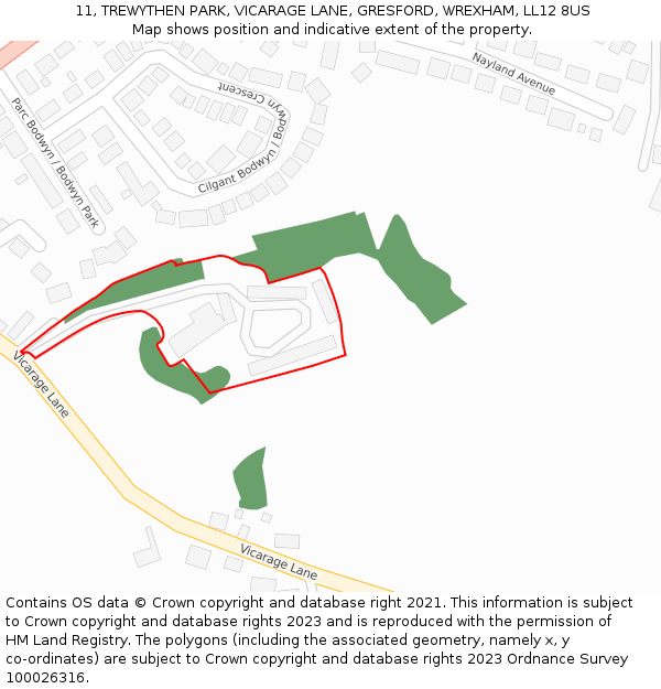 11, TREWYTHEN PARK, VICARAGE LANE, GRESFORD, WREXHAM, LL12 8US: Location map and indicative extent of plot