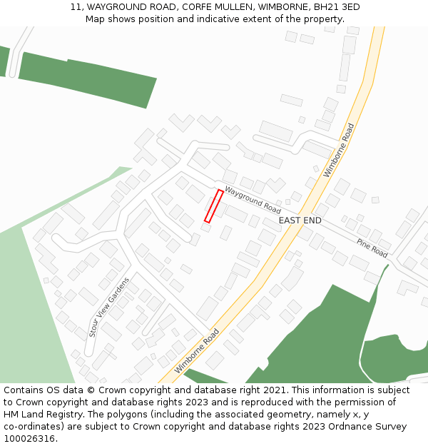 11, WAYGROUND ROAD, CORFE MULLEN, WIMBORNE, BH21 3ED: Location map and indicative extent of plot