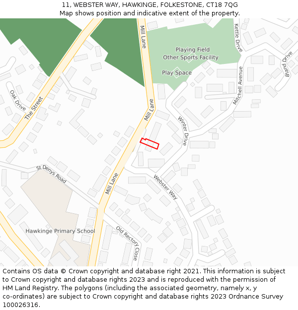 11, WEBSTER WAY, HAWKINGE, FOLKESTONE, CT18 7QG: Location map and indicative extent of plot