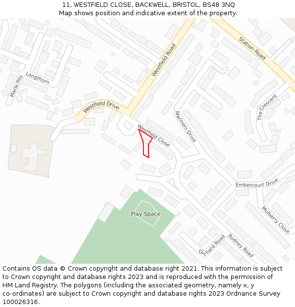 11, WESTFIELD CLOSE, BACKWELL, BRISTOL, BS48 3NQ: Location map and indicative extent of plot