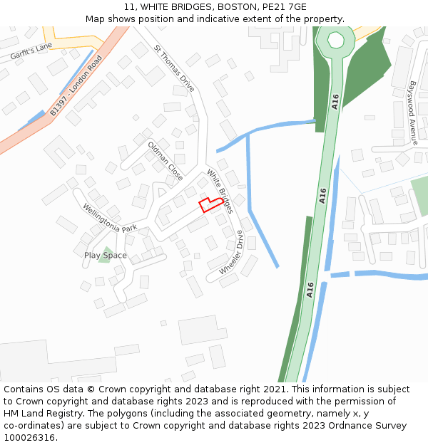 11, WHITE BRIDGES, BOSTON, PE21 7GE: Location map and indicative extent of plot