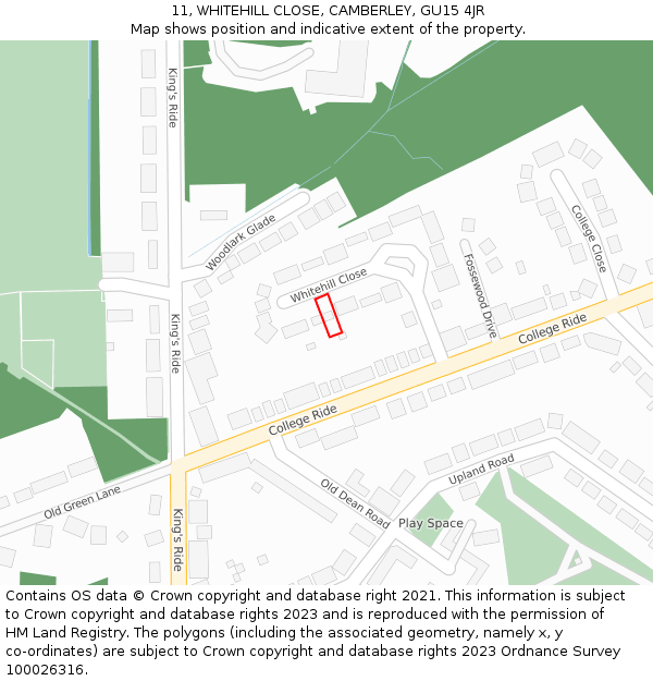 11, WHITEHILL CLOSE, CAMBERLEY, GU15 4JR: Location map and indicative extent of plot