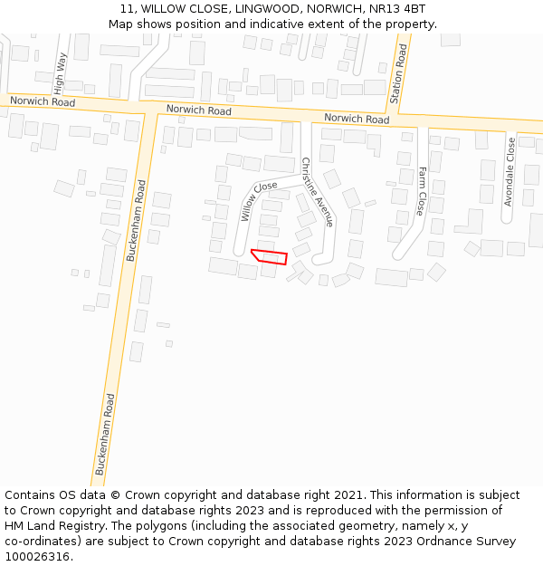 11, WILLOW CLOSE, LINGWOOD, NORWICH, NR13 4BT: Location map and indicative extent of plot