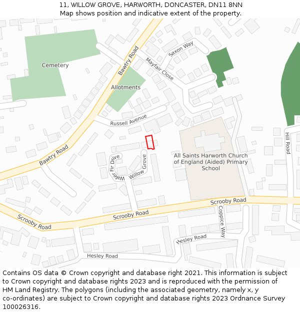 11, WILLOW GROVE, HARWORTH, DONCASTER, DN11 8NN: Location map and indicative extent of plot