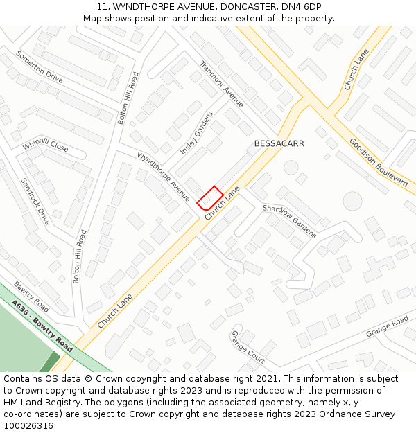 11, WYNDTHORPE AVENUE, DONCASTER, DN4 6DP: Location map and indicative extent of plot