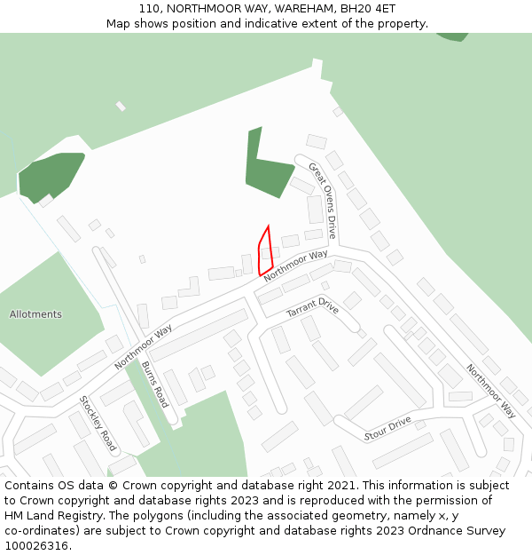 110, NORTHMOOR WAY, WAREHAM, BH20 4ET: Location map and indicative extent of plot