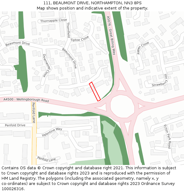 111, BEAUMONT DRIVE, NORTHAMPTON, NN3 8PS: Location map and indicative extent of plot