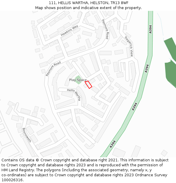 111, HELLIS WARTHA, HELSTON, TR13 8WF: Location map and indicative extent of plot