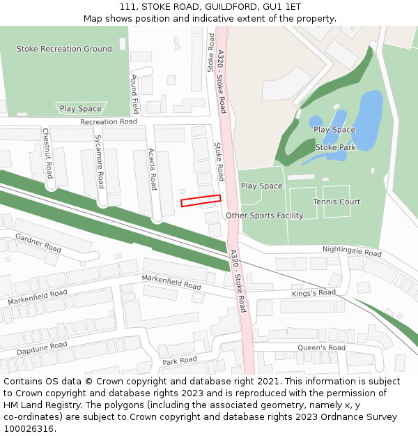 111, STOKE ROAD, GUILDFORD, GU1 1ET: Location map and indicative extent of plot