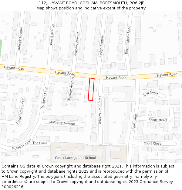 112, HAVANT ROAD, COSHAM, PORTSMOUTH, PO6 2JF: Location map and indicative extent of plot