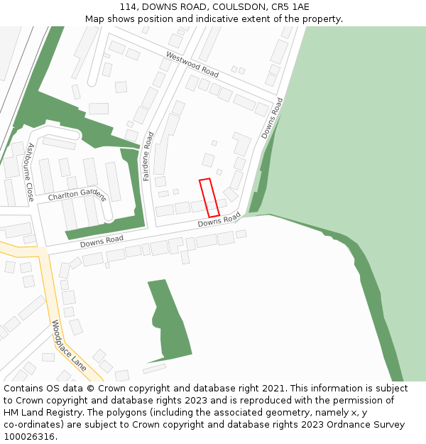 114, DOWNS ROAD, COULSDON, CR5 1AE: Location map and indicative extent of plot