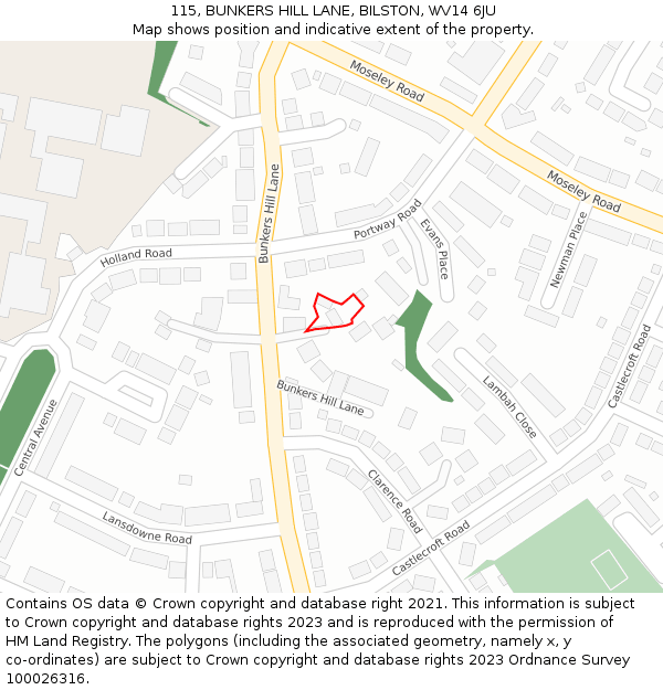115, BUNKERS HILL LANE, BILSTON, WV14 6JU: Location map and indicative extent of plot