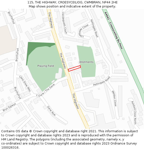 115, THE HIGHWAY, CROESYCEILIOG, CWMBRAN, NP44 2HE: Location map and indicative extent of plot