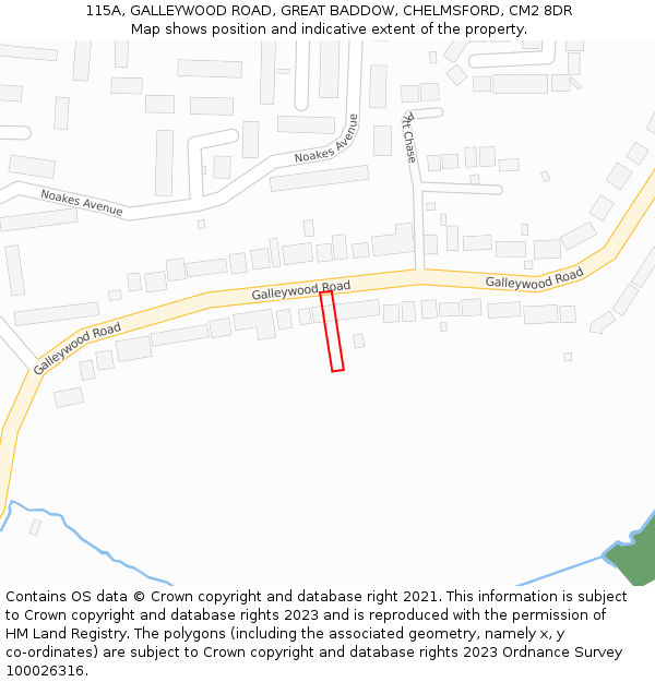 115A, GALLEYWOOD ROAD, GREAT BADDOW, CHELMSFORD, CM2 8DR: Location map and indicative extent of plot