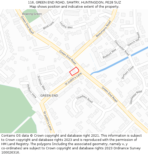 116, GREEN END ROAD, SAWTRY, HUNTINGDON, PE28 5UZ: Location map and indicative extent of plot