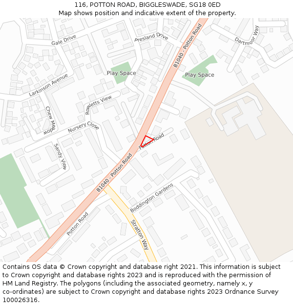 116, POTTON ROAD, BIGGLESWADE, SG18 0ED: Location map and indicative extent of plot