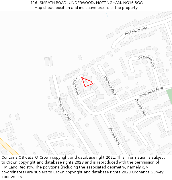 116, SMEATH ROAD, UNDERWOOD, NOTTINGHAM, NG16 5GG: Location map and indicative extent of plot