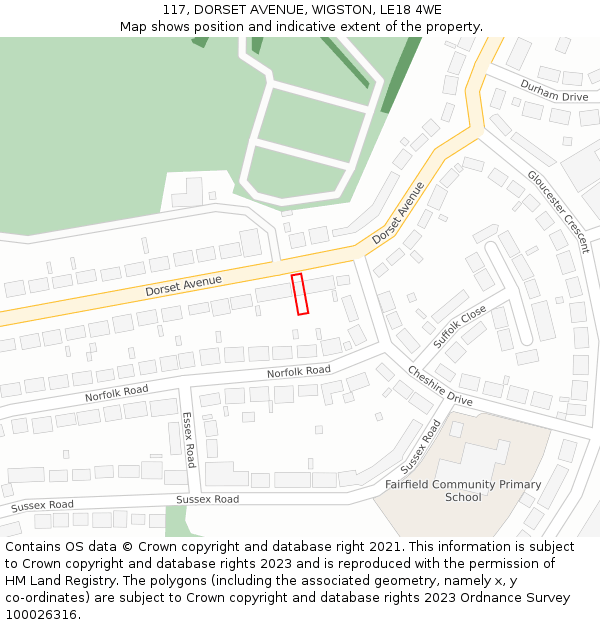 117, DORSET AVENUE, WIGSTON, LE18 4WE: Location map and indicative extent of plot