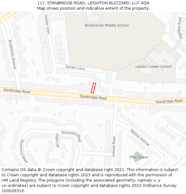 117, STANBRIDGE ROAD, LEIGHTON BUZZARD, LU7 4QA: Location map and indicative extent of plot