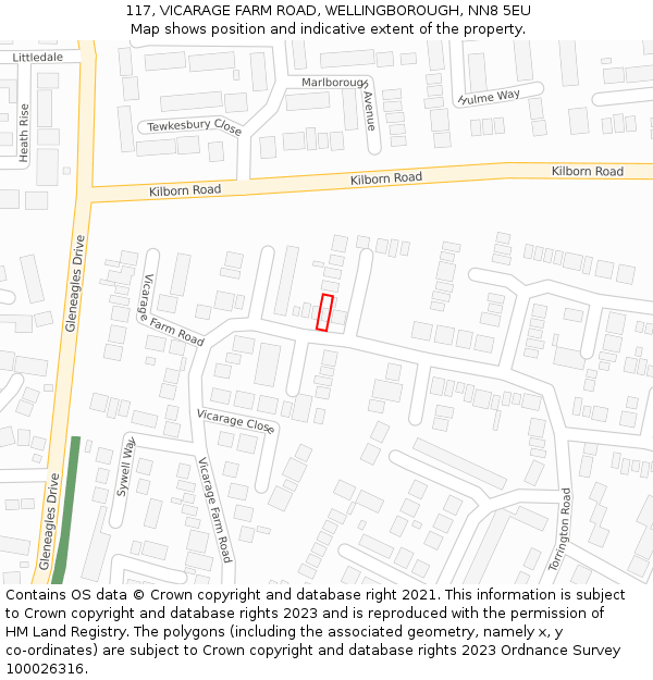 117, VICARAGE FARM ROAD, WELLINGBOROUGH, NN8 5EU: Location map and indicative extent of plot