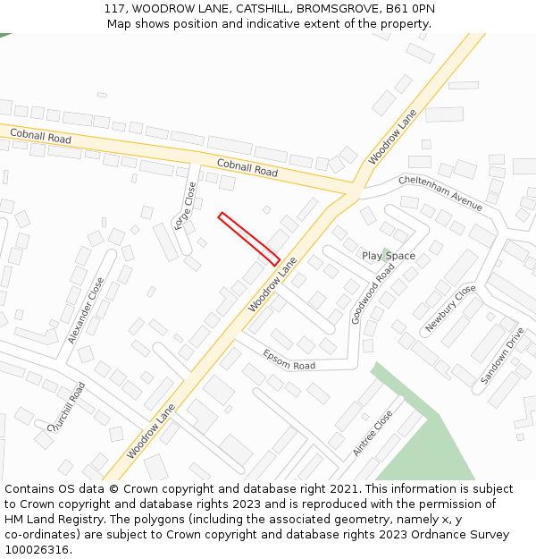 117, WOODROW LANE, CATSHILL, BROMSGROVE, B61 0PN: Location map and indicative extent of plot