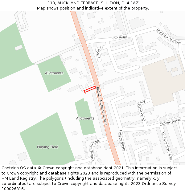 118, AUCKLAND TERRACE, SHILDON, DL4 1AZ: Location map and indicative extent of plot