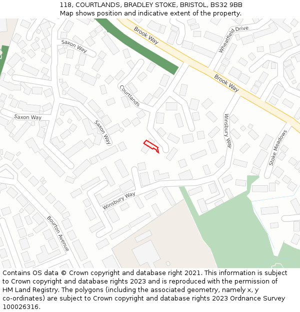 118, COURTLANDS, BRADLEY STOKE, BRISTOL, BS32 9BB: Location map and indicative extent of plot