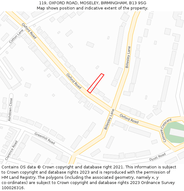 119, OXFORD ROAD, MOSELEY, BIRMINGHAM, B13 9SG: Location map and indicative extent of plot