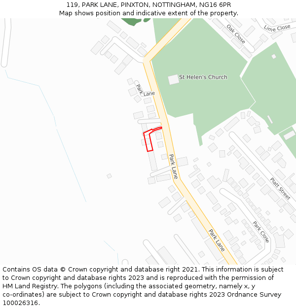 119, PARK LANE, PINXTON, NOTTINGHAM, NG16 6PR: Location map and indicative extent of plot