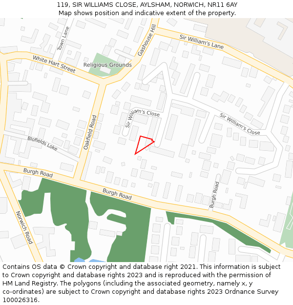 119, SIR WILLIAMS CLOSE, AYLSHAM, NORWICH, NR11 6AY: Location map and indicative extent of plot