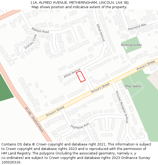 11A, ALFRED AVENUE, METHERINGHAM, LINCOLN, LN4 3EJ: Location map and indicative extent of plot