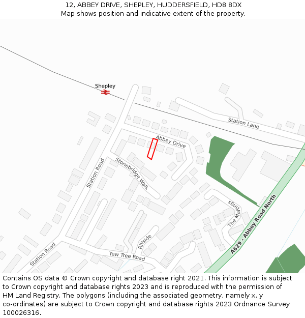 12, ABBEY DRIVE, SHEPLEY, HUDDERSFIELD, HD8 8DX: Location map and indicative extent of plot