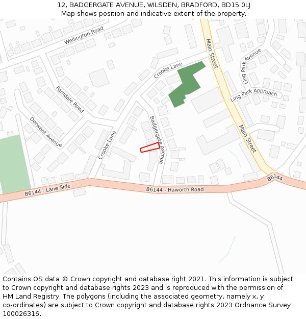 12, BADGERGATE AVENUE, WILSDEN, BRADFORD, BD15 0LJ: Location map and indicative extent of plot