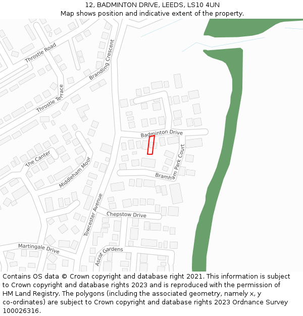 12, BADMINTON DRIVE, LEEDS, LS10 4UN: Location map and indicative extent of plot