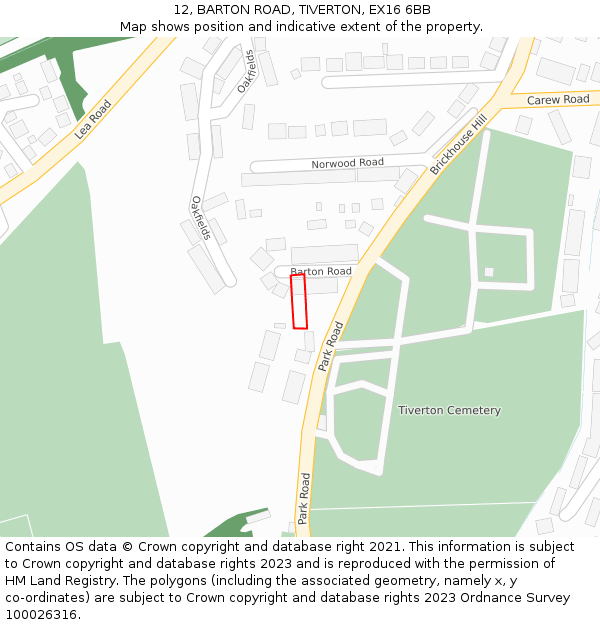 12, BARTON ROAD, TIVERTON, EX16 6BB: Location map and indicative extent of plot