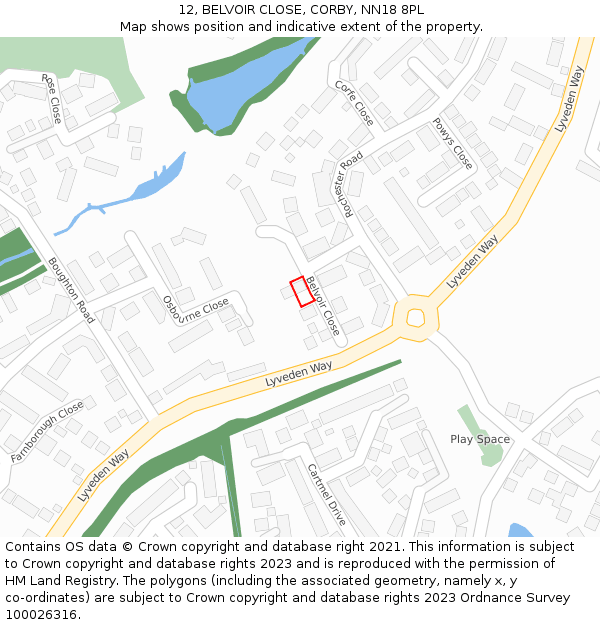 12, BELVOIR CLOSE, CORBY, NN18 8PL: Location map and indicative extent of plot