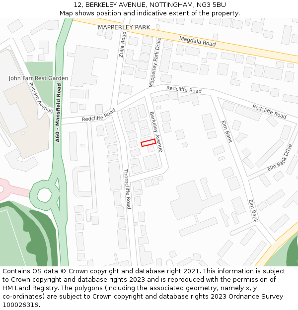 12, BERKELEY AVENUE, NOTTINGHAM, NG3 5BU: Location map and indicative extent of plot