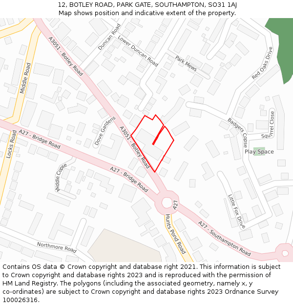 12, BOTLEY ROAD, PARK GATE, SOUTHAMPTON, SO31 1AJ: Location map and indicative extent of plot