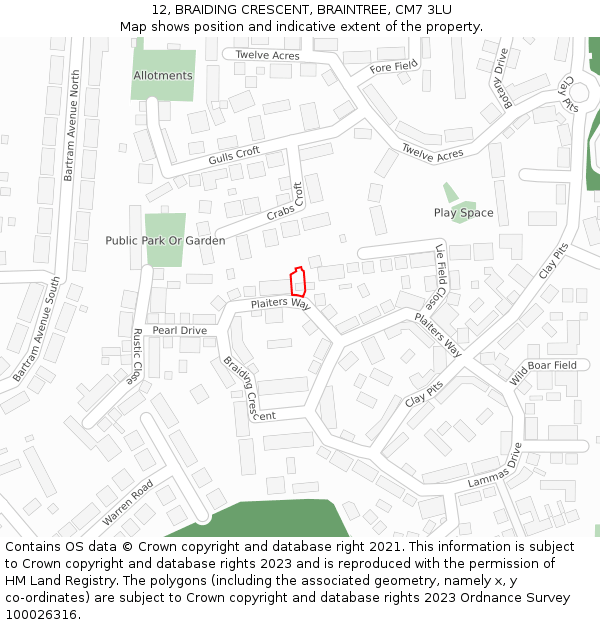 12, BRAIDING CRESCENT, BRAINTREE, CM7 3LU: Location map and indicative extent of plot