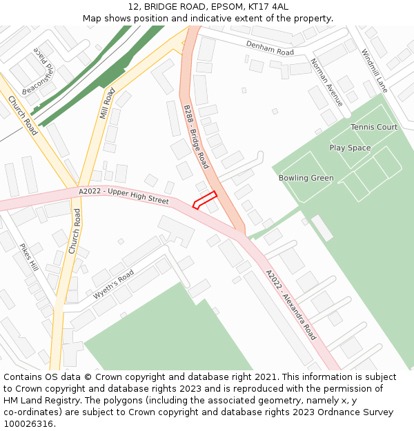 12, BRIDGE ROAD, EPSOM, KT17 4AL: Location map and indicative extent of plot