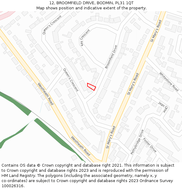 12, BROOMFIELD DRIVE, BODMIN, PL31 1QT: Location map and indicative extent of plot