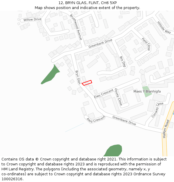 12, BRYN GLAS, FLINT, CH6 5XP: Location map and indicative extent of plot